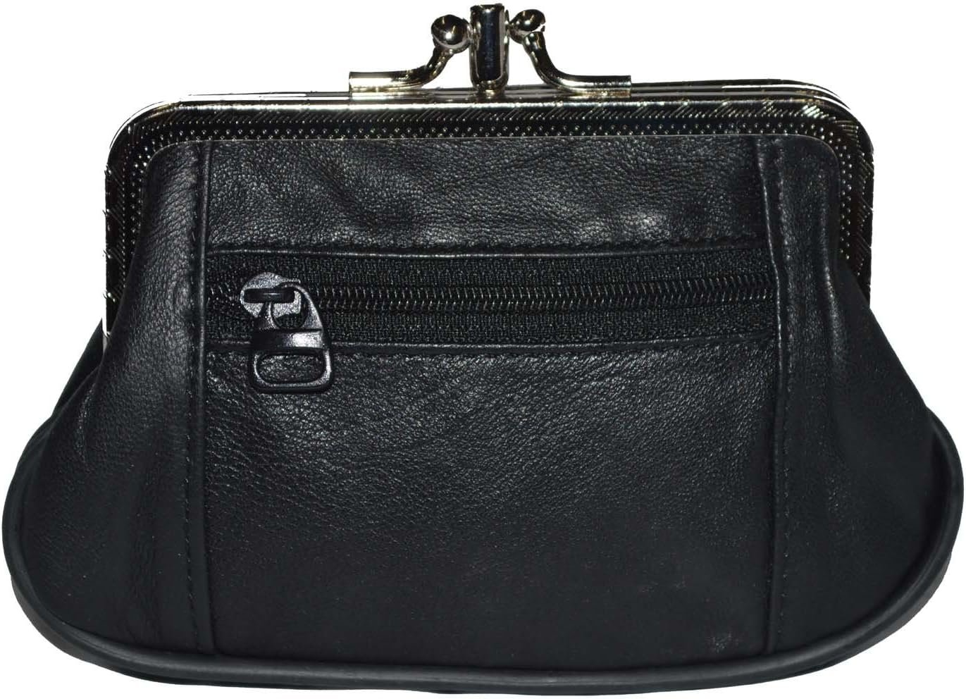 Leatherboss Genuine Leather Slim Designer Womens Coin Holder Purse Zipper Pocket Wallet with Metal Frame, Black