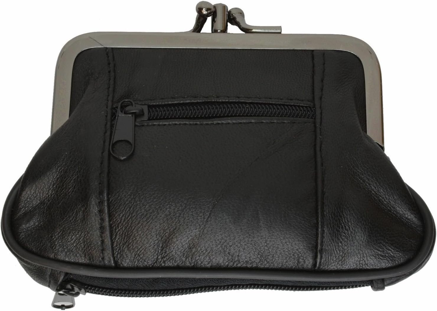 Leatherboss Genuine Leather Slim Designer Womens Coin Holder Purse Zipper Pocket Wallet with Metal Frame, Black