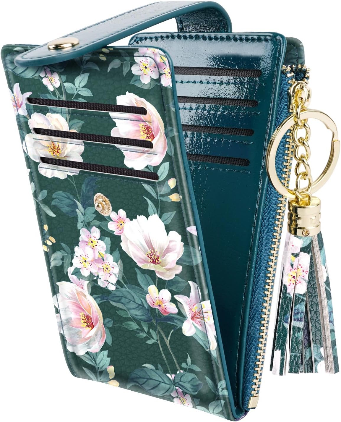 Simikol Slim Card Holder Wallet for Women RFID Blocking Leather Multi Card Bifold Wallet with Tassel Zipper Coin Pocket,Dark Green Flower