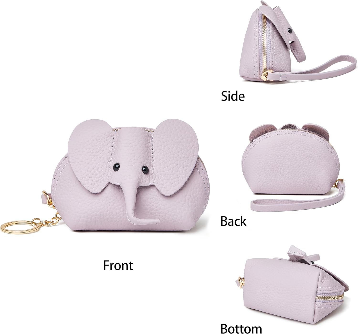 Small Leather Coin Purse for Women Cute Elephant Change Purse for Girls Zipper Coin Pouch Wallet with Key Chain and Wrist Strap (4-Purple)