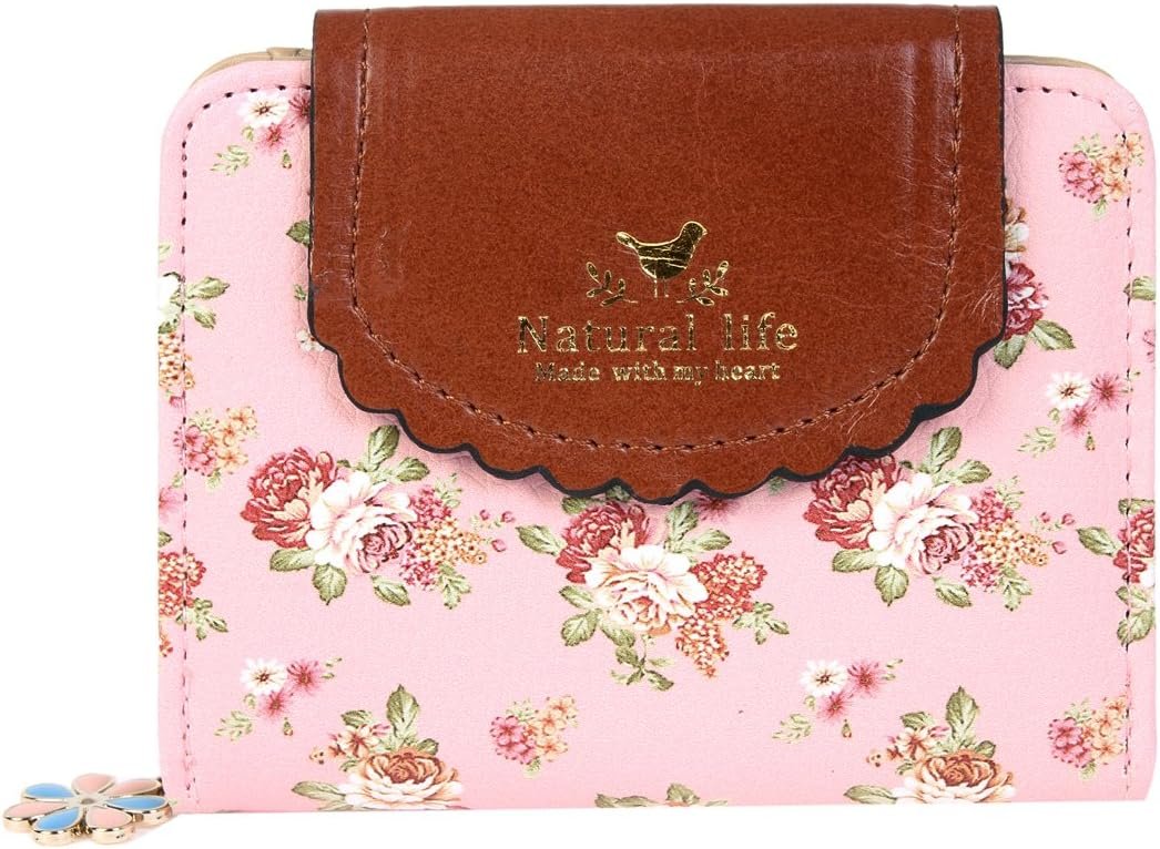 Damara Women PU Zipper Closure Flower Printed Flap Wallet,Pink