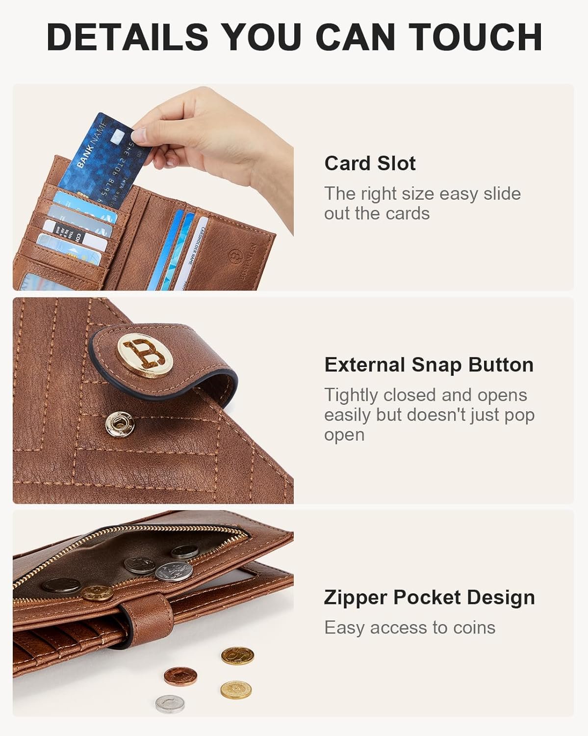 BOSTANTEN Slim Wallet Women Leather RFID Blocking Credit Card Holder Bifold Thin Wallet with Zipper Pocket Brown