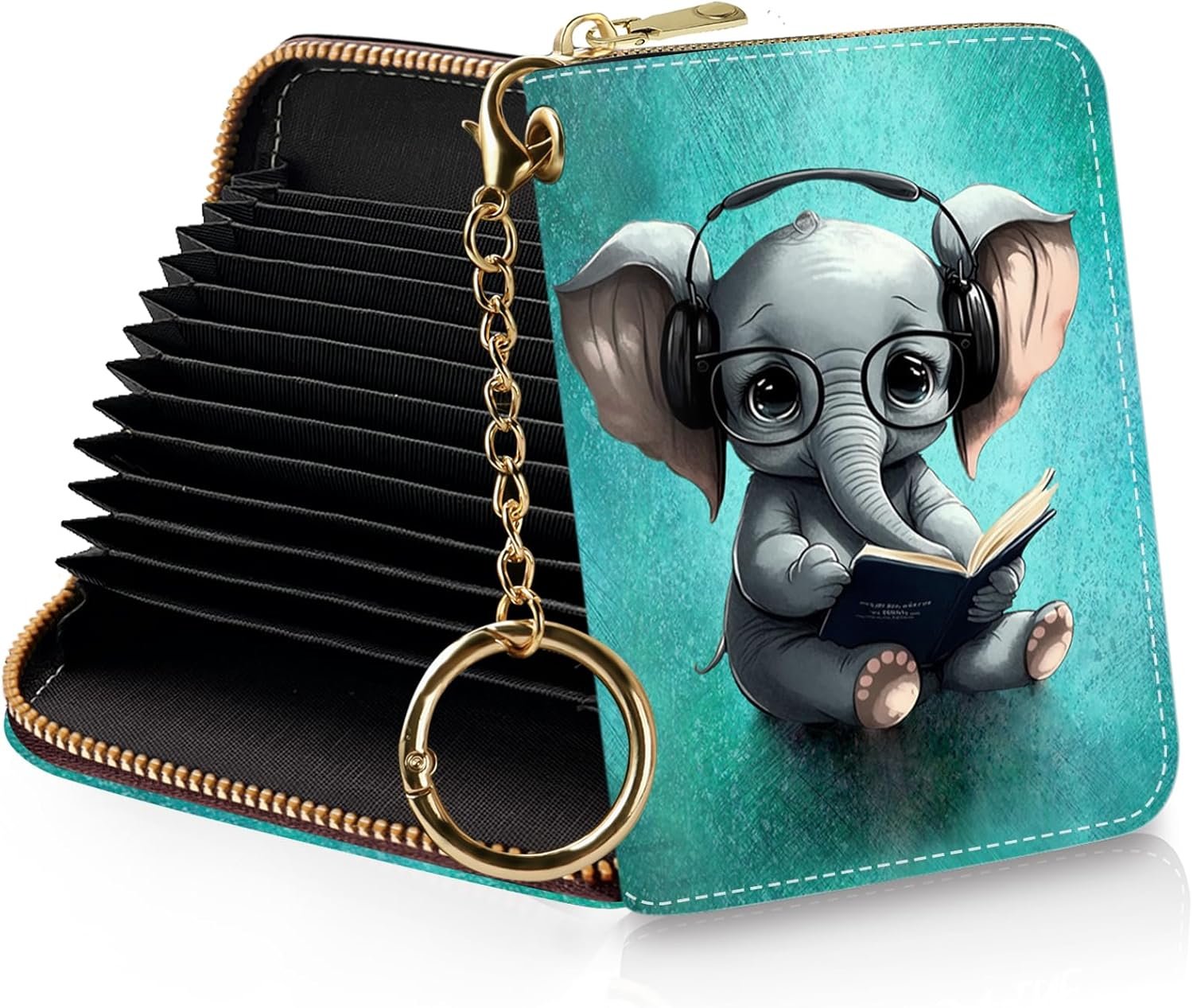 Credit Card Holder RFID Wallet, Small Card Holder Wallet for Women with Keychain Zipper, Funny Leather Print Credit Card Wallets Accordion Gift