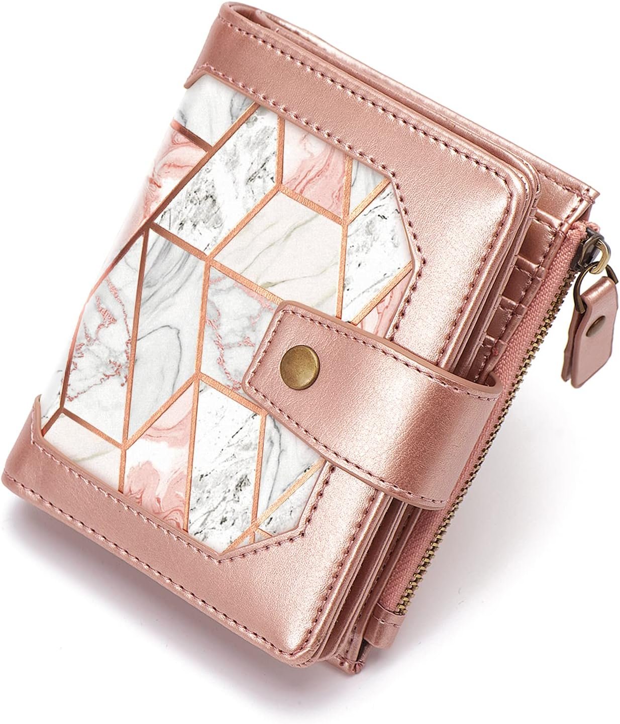 Womens RFID Blocking Wallet Leather Small Compact Bi-fold Zipper Pocket Wallet Card Case Purse,Gold Pink Marble