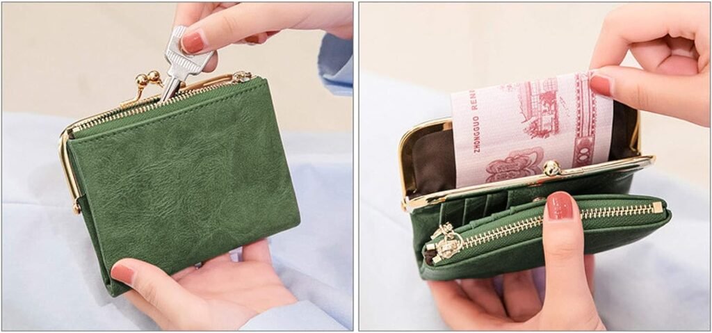 PofeeXIO Womens Wallet RFID Small Compact Bifold Leather Vintage Wallet,Ladies Coin Purse with Zipper and Kiss Lock