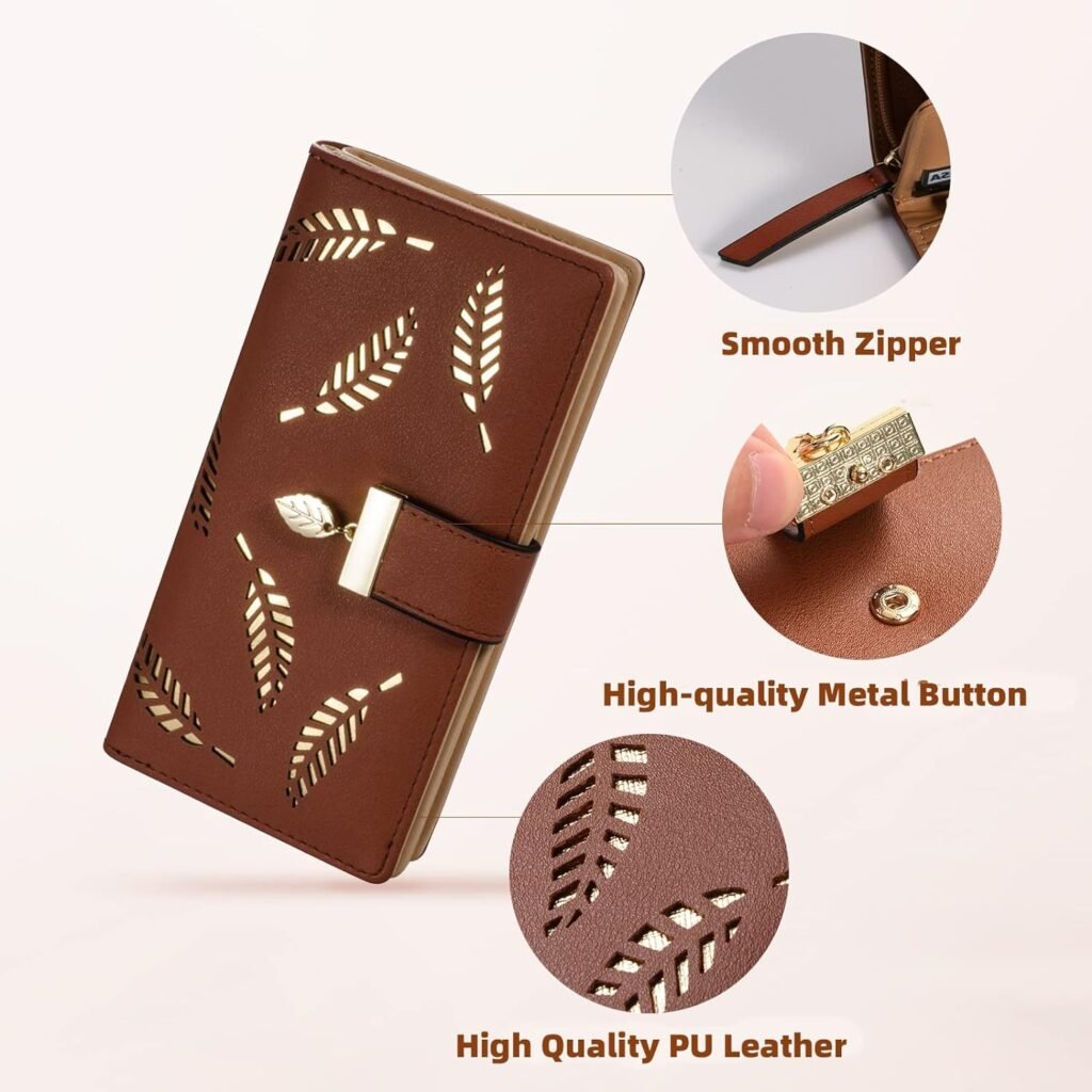 Sweet Cute Chocolate Womens Long Leaf Bifold Wallet Leather Card Holder Purse Zipper Buckle Elegant Clutch Wallet Handbag for Women - Black