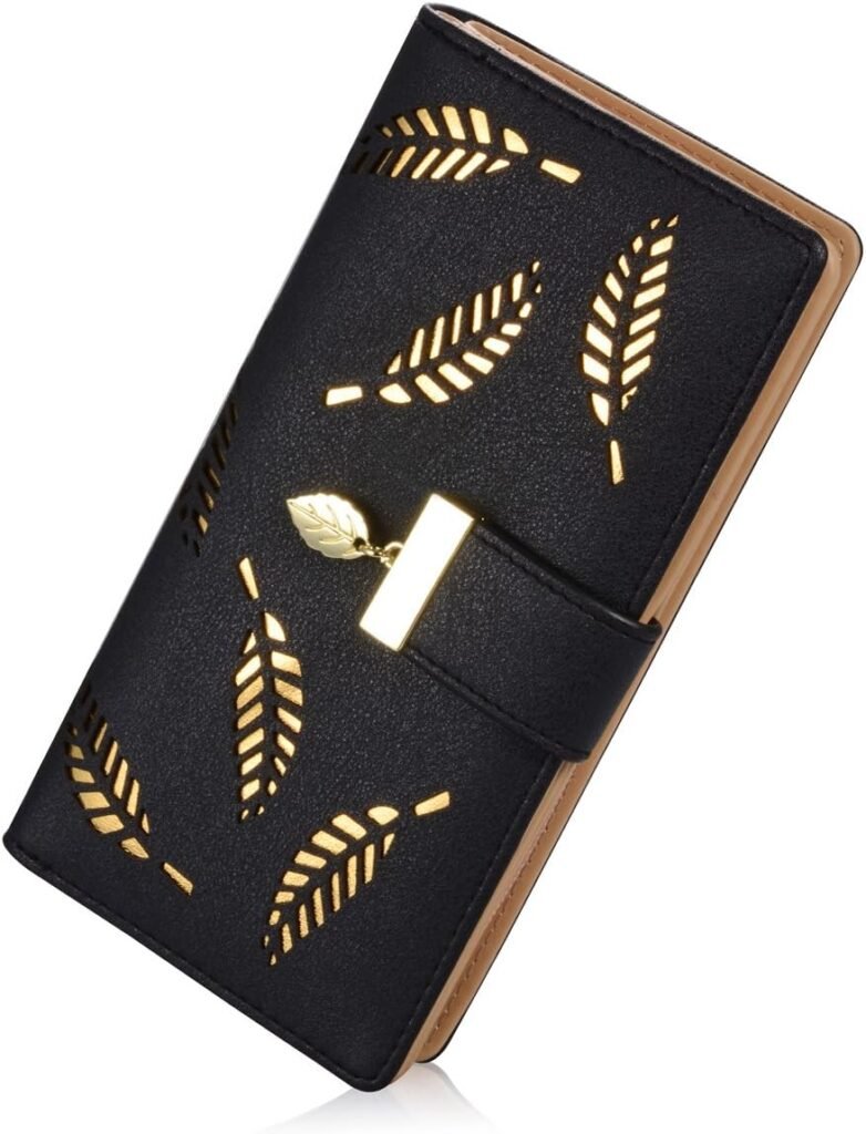 Sweet Cute Chocolate Womens Long Leaf Bifold Wallet Leather Card Holder Purse Zipper Buckle Elegant Clutch Wallet Handbag for Women - Black