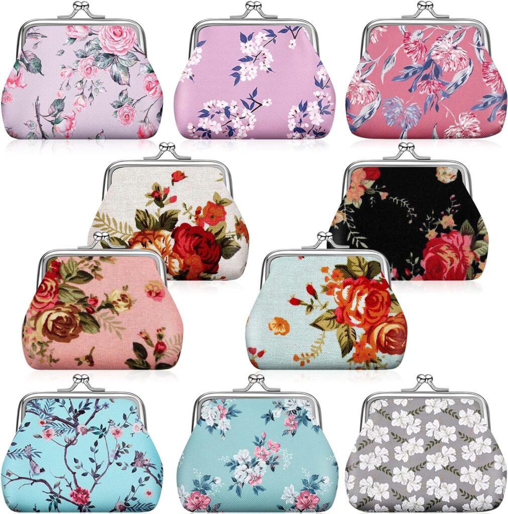10 Packs Women Coin Purse Small Coin Purses Pouches Cute Change Wallets for Women Kiss Lock Change Purse Change Pouch (Floral)