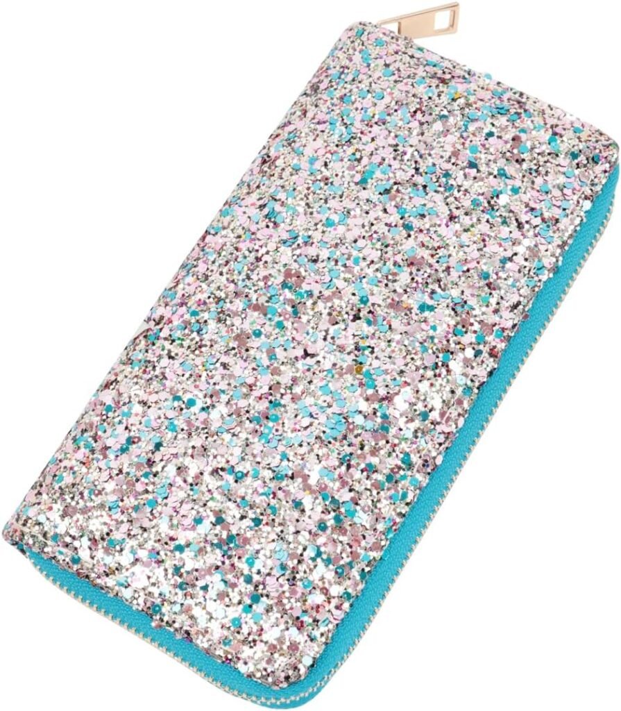 RIAH FASHION Rainbow Glitter Zip Around Wallet - Sparkly Confetti Single Zipper Clutch Purse with Card Slots (Rainbow - Peach)