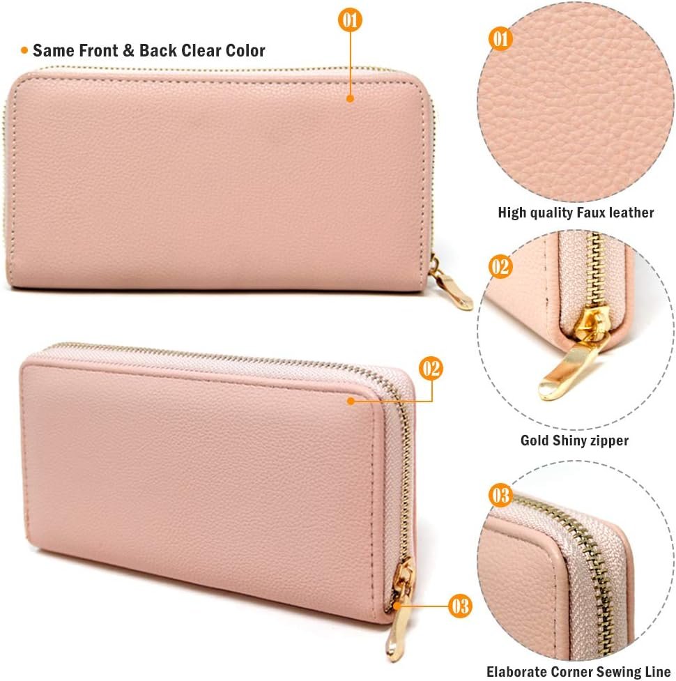 Women Fashion Solid Color Faux Leather PU Long Wallet with Zipper Closure Card Slots Zippered Coin Pouch